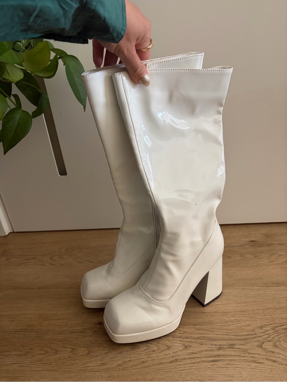 Patent White Knee-High Platform Heeled Boots - Women